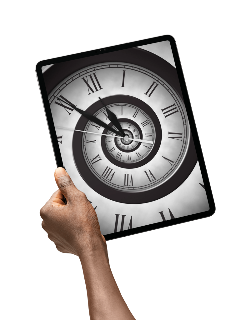 Hand hält Tablet mit spiralförmiger Uhr als Symbol für verschwendete Lebenszeit – Dan Mor Coaching Erstgespräch
